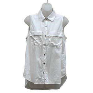 MICHAEL KORS White Sleeveless Shirt Collar Button Down High Low Pockets SZ M
